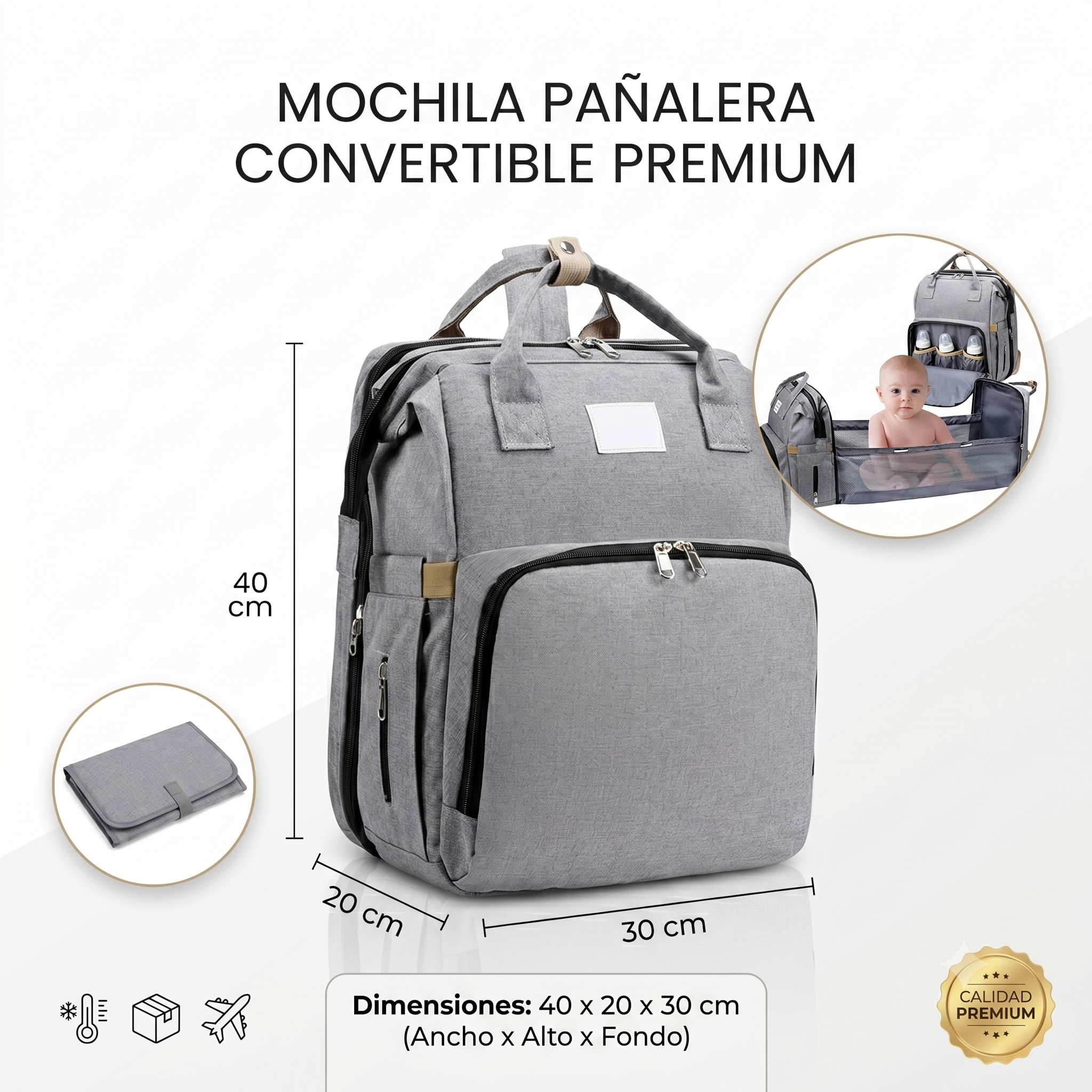 Mochila Pañalera con dimensiones y calidad premium